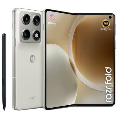 Téléphone Motorola Razr pliable présenté ouvert, vues de face et de dos ; l'écran affiche la marque « moto ai », « GOLD CAMERA » et « razr fold ».