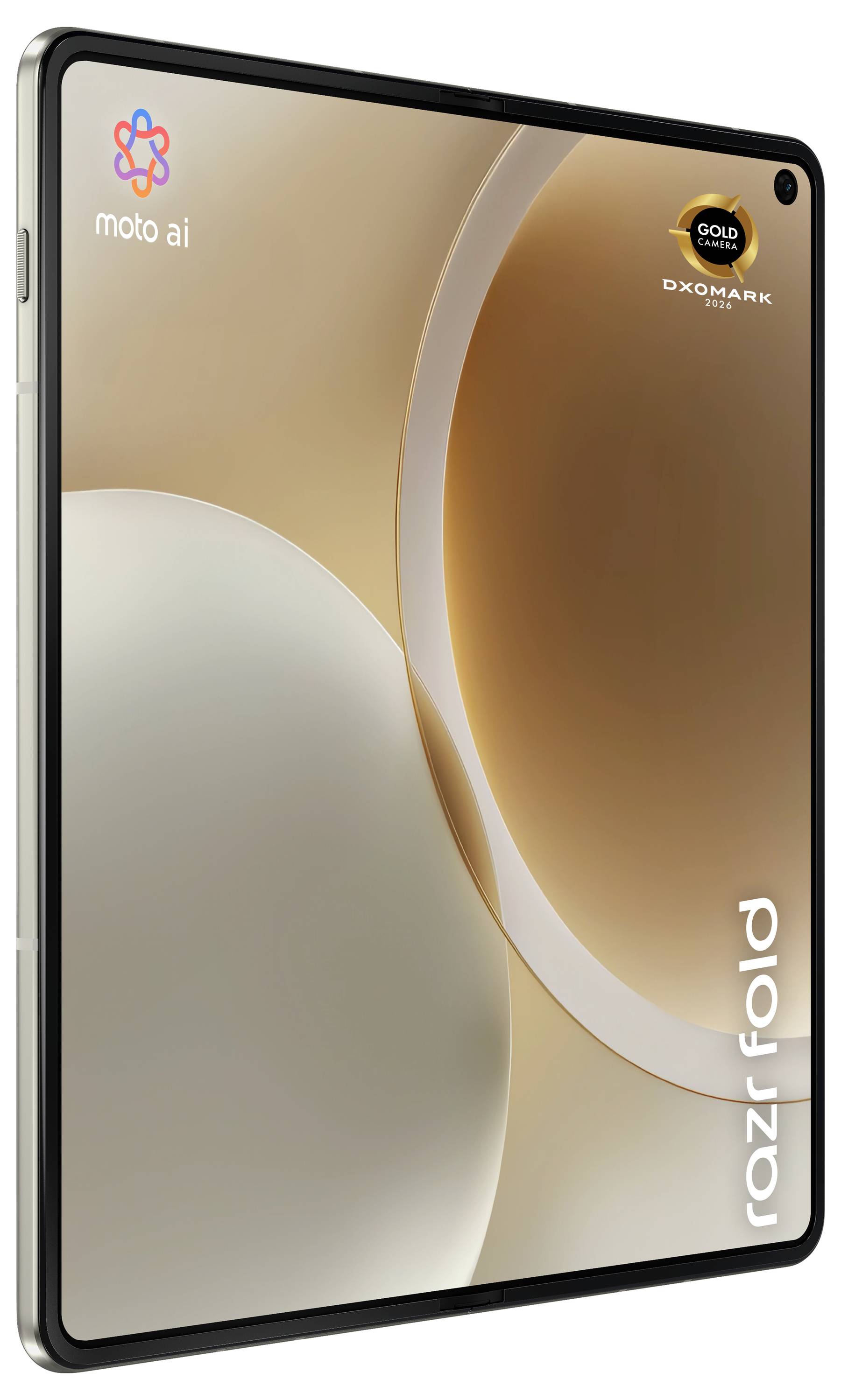 Smartphone pliant Motorola Razr montré ouvert avec grand écran intérieur, vue arrière avec module de caméra quadruple, et un stylet à côté.