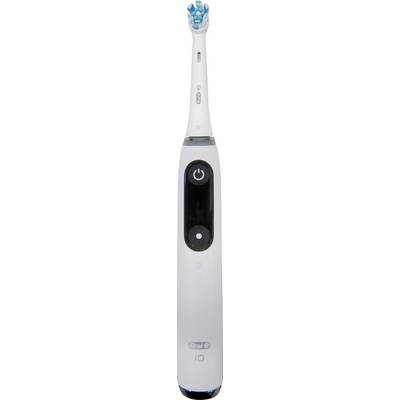 Une brosse à dents électrique avec une tête aux poils bleus, un bouton d'alimentation et la marque Oral-B iO sur un manche blanc.
