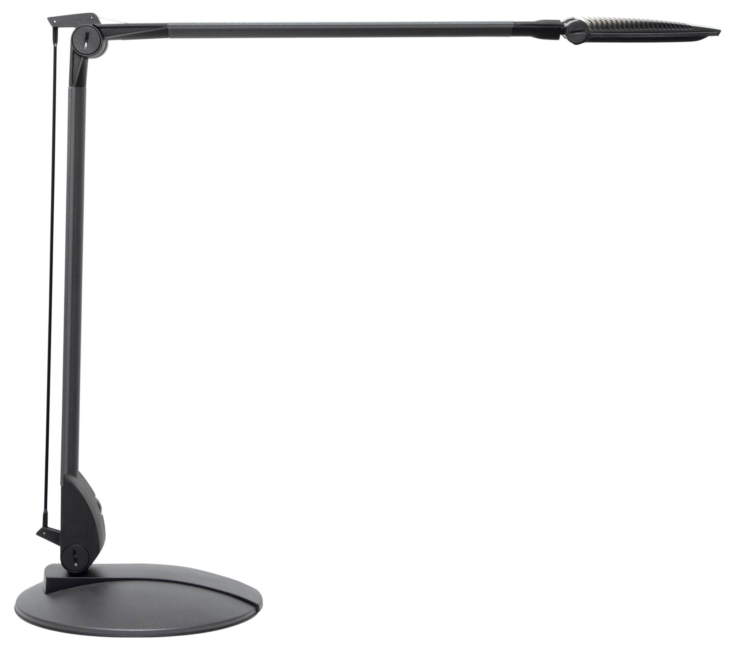 Lampe de bureau noire ajustable avec une base ronde et un bras horizontal long, présentée sur un fond blanc.