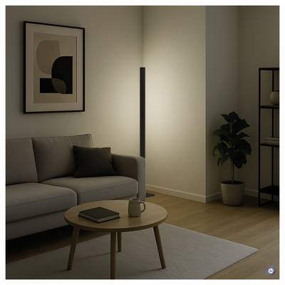 Salon minimaliste avec un canapé gris, une table basse ronde, un lampadaire, une plante en pot et une œuvre d'art encadrée au mur dans une lumière ambiante chaleureuse.