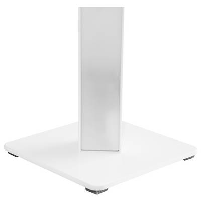 Base de table carrée blanche avec un support colonnaire rectangulaire central sur un fond blanc uni.