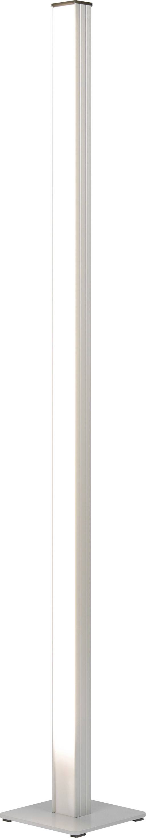 Lampadaire blanc haut et mince avec une base carrée, présenté isolé sur un fond blanc.