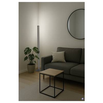 Salon minimaliste avec canapé gris, lampadaire, plante en pot, miroir rond et petite table basse carrée sur un tapis.