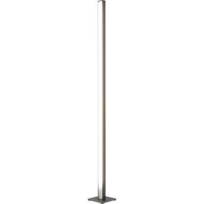 Lampadaire moderne élancé et mince avec une bande lumineuse verticale étroite et une base carrée foncée sur un fond blanc.