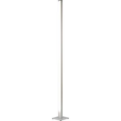 Lampadaire argent élancé et mince avec une base rectangulaire et une bande lumineuse verticale, présenté sur un fond blanc.