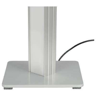 Gros plan d'une base de présentoir en métal avec un poteau en aluminium vertical et un cordon d'alimentation noir s'étendant derrière.