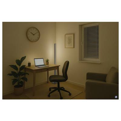 Un bureau à domicile faiblement éclairé avec un bureau, un ordinateur portable, une chaise, une horloge murale, une plante, une lampe et des stores à fenêtre, ainsi qu'un canapé dans le coin.