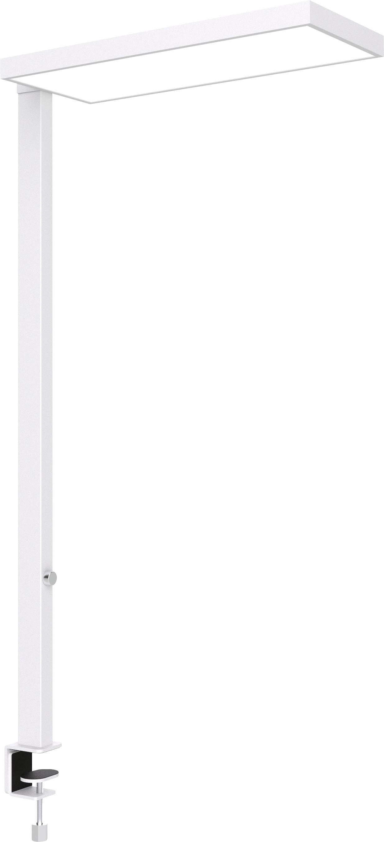 Lampe de bureau réglable blanche avec une tête rectangulaire allongée et une base à pince, présentée isolée sur un fond neutre.