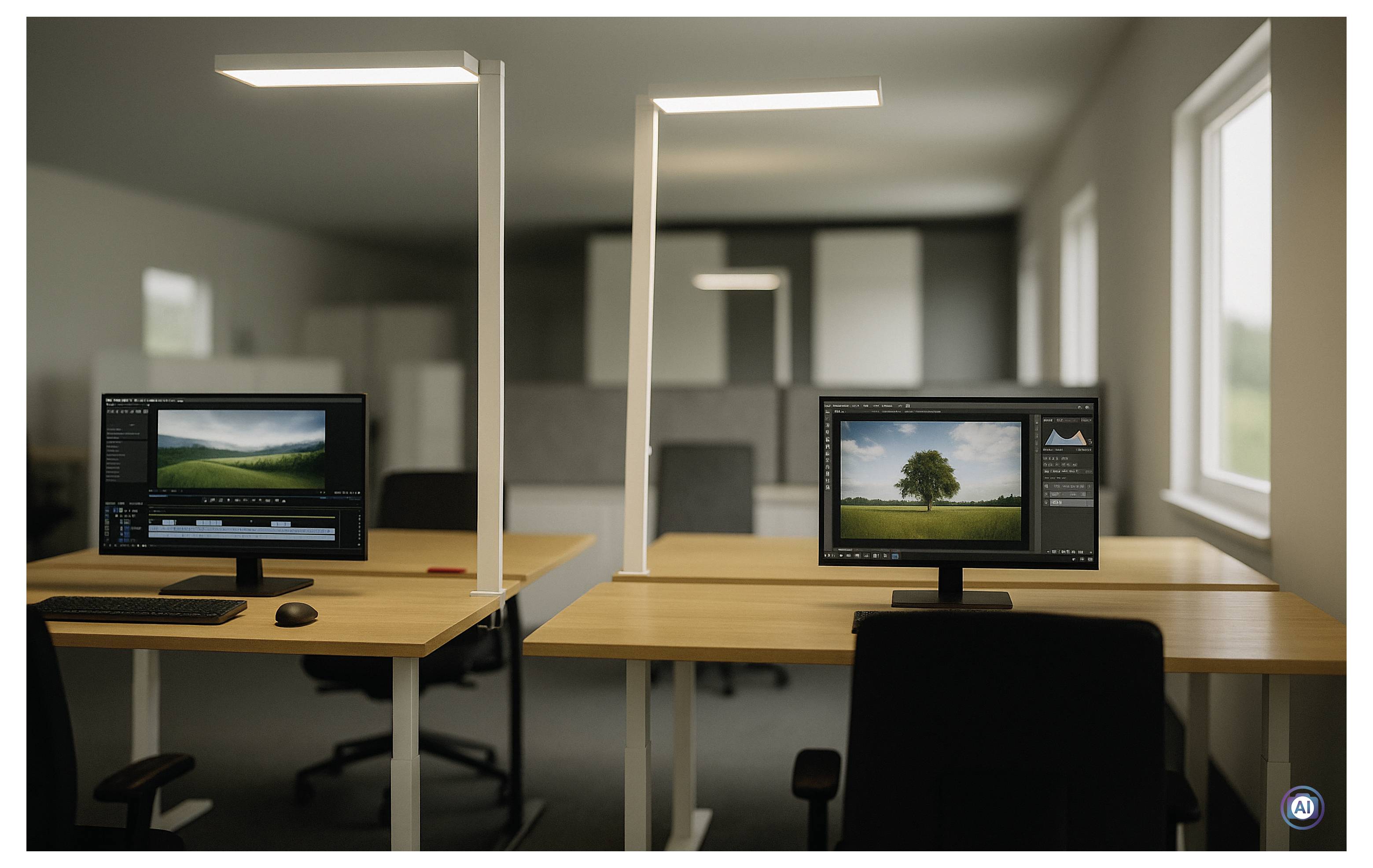 Bureau moderne et calme avec deux bureaux et des écrans d'ordinateur, chacun affichant une interface d'édition de photos de paysages, séparés par des cloisons en verre.