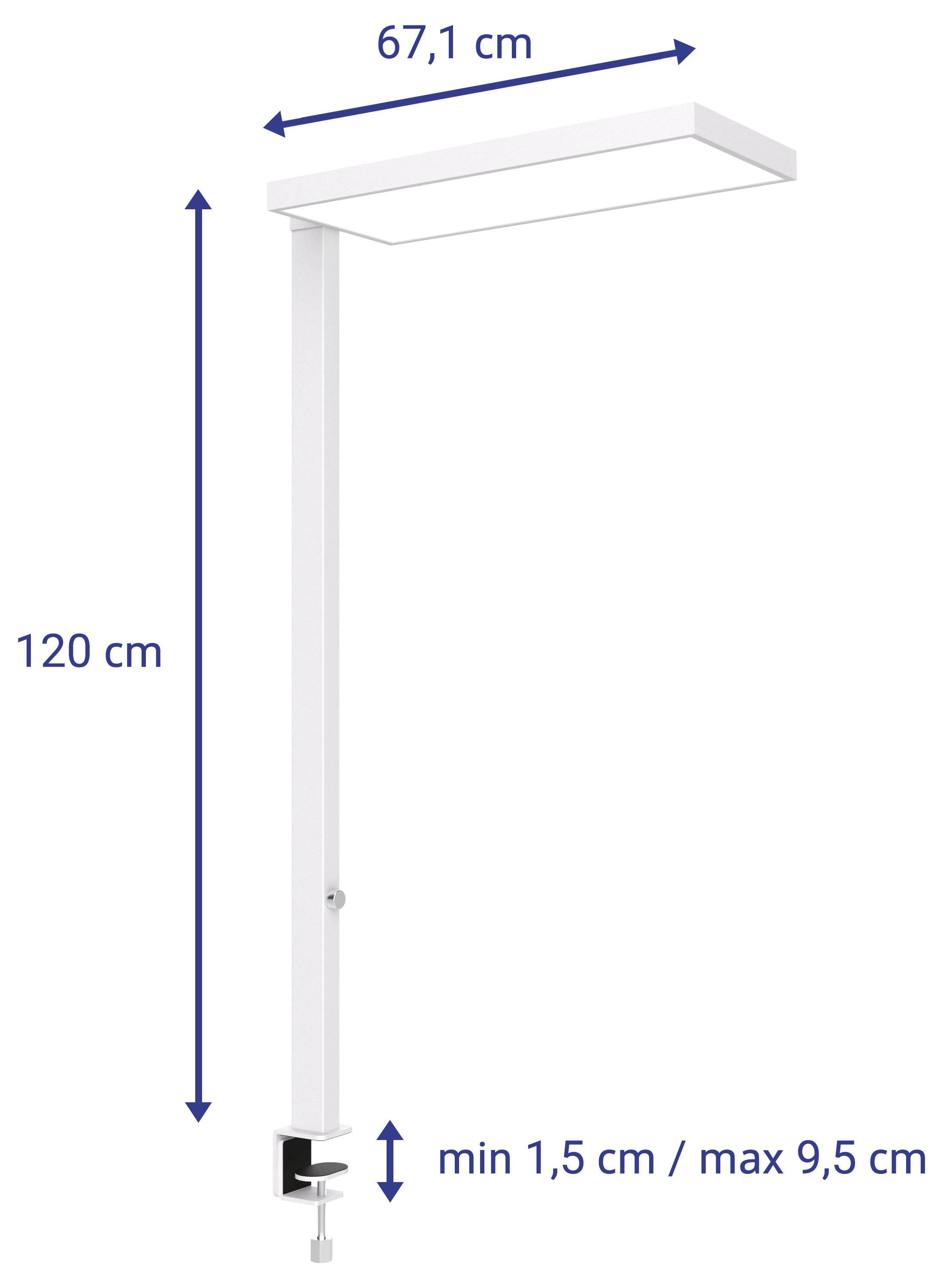 Lampe de bureau à pince clip blanc métal avec étau ajustable ; dimensions indiquées : 120 cm de hauteur, 67,1 cm de largeur, écartement de pince min 1,5 cm max 9,5 cm.