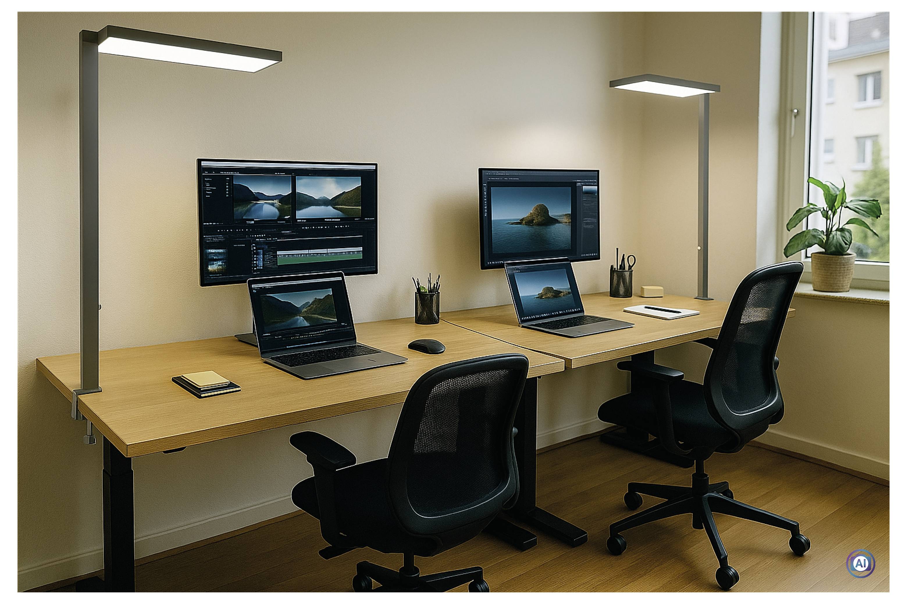 Bureau à domicile moderne avec deux espaces de travail, deux écrans et ordinateurs portables sur un long bureau en bois, chaises noires, lampes de travail et une plante en pot près de la fenêtre.