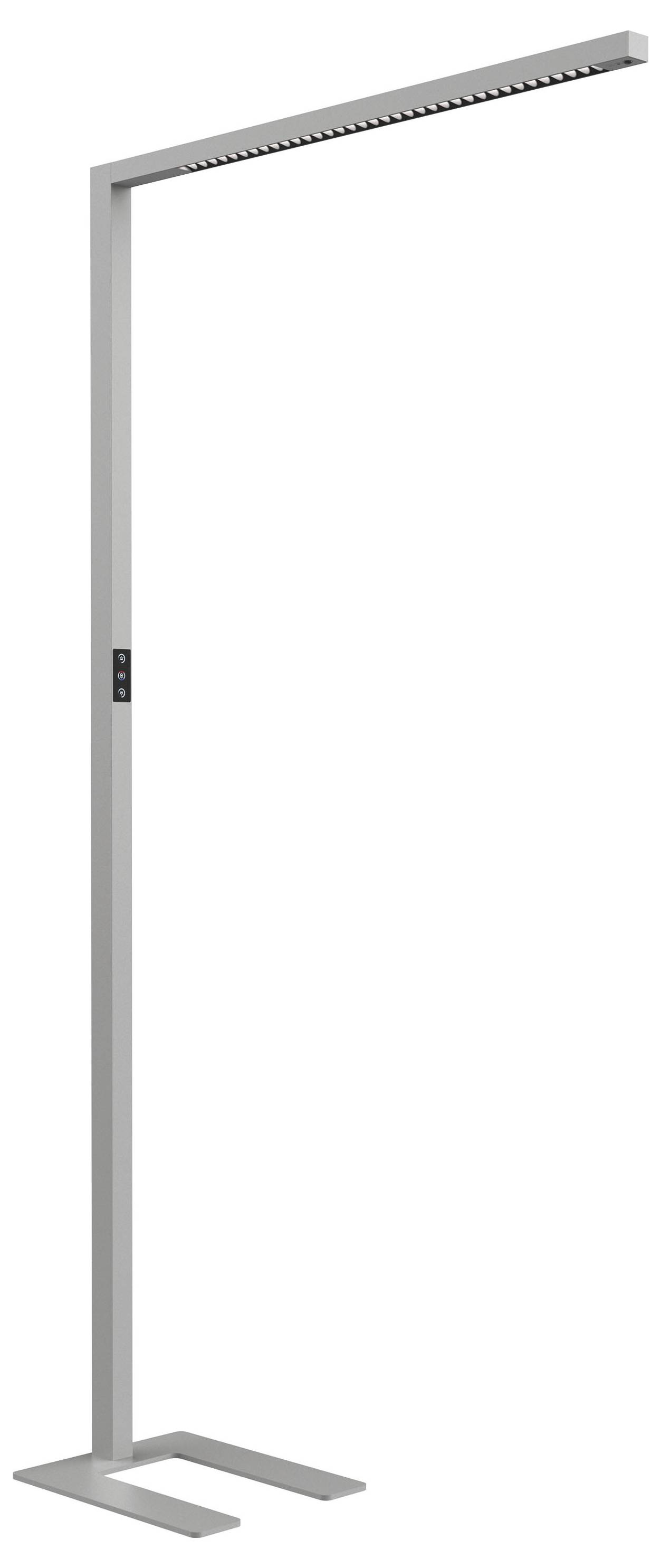 Lampadaire gris haut avec base en forme de U et barre lumineuse horizontale, présenté sur fond blanc.