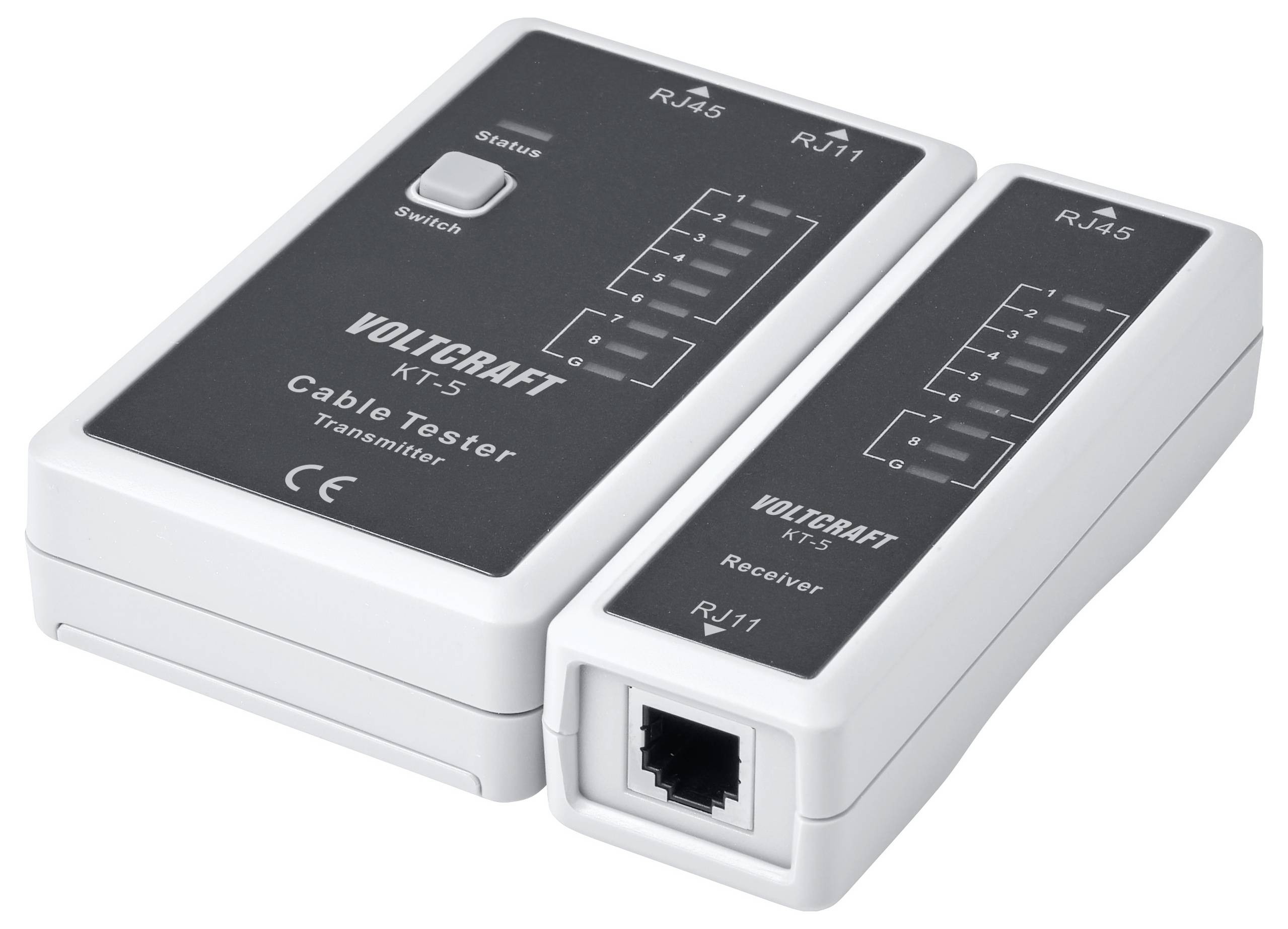 Deux unités de testeur de câble VOLTCRAFT KT-5, émetteur et récepteur, pour tester les câbles réseau RJ45 et RJ11.