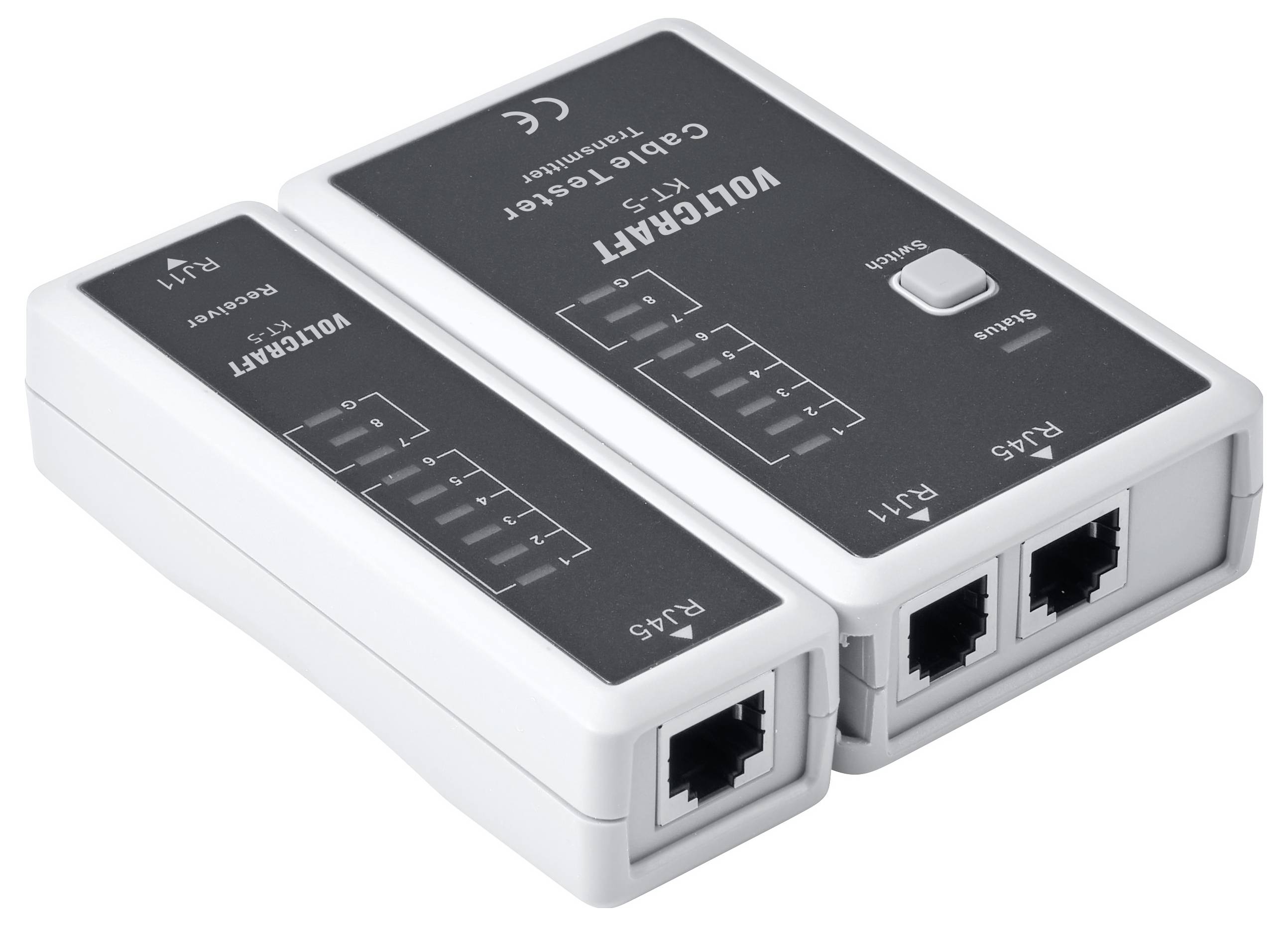 Deux testeurs de câble Ethernet blancs étiquetés « Volcraft KTS-1 » et « KTS-4 » avec ports RJ45, des LED d'état et un interrupteur d'alimentation.