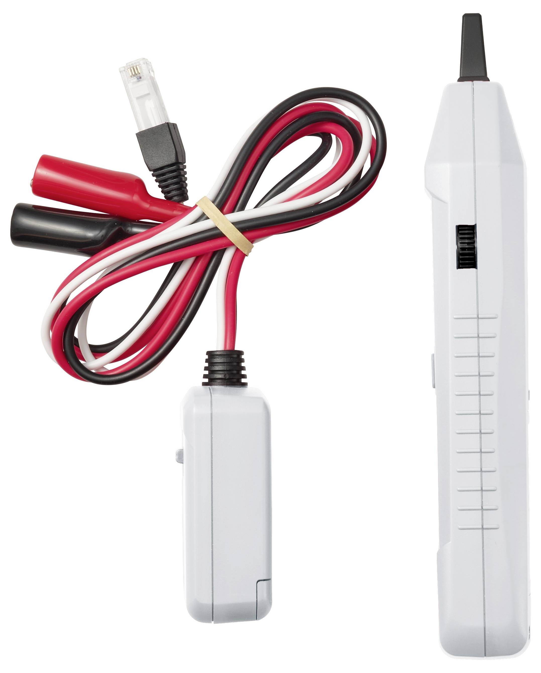 Sonde de test électrique blanche avec des fils à pinces crocodile noires et rouges et un petit module attaché sur un fond blanc.