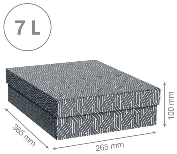 Boîte de rangement rectangulaire avec couvercle à motifs, étiquetée 7 L, mesurant 365 mm par 265 mm par 100 mm.