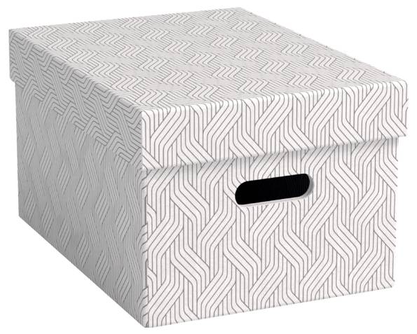 Boîte de rangement à motifs avec couvercle et découpe de poignée avant sur un fond blanc.