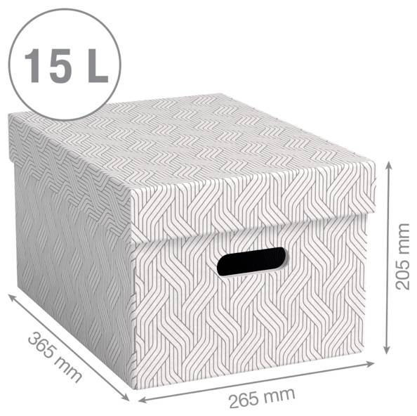 Boîte de rangement avec motifs et couvercle, capacité de 15 L, mesurant 365 mm sur 265 mm sur 205 mm.