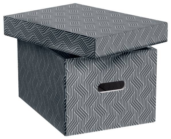 Boîte de rangement grise à motifs avec couvercle assorti et ouverture de poignée ovale, présentée sur un fond blanc.