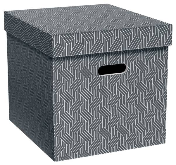 Boîte de rangement grise à motifs avec couvercle et découpe de poignée ovale sur la façade.