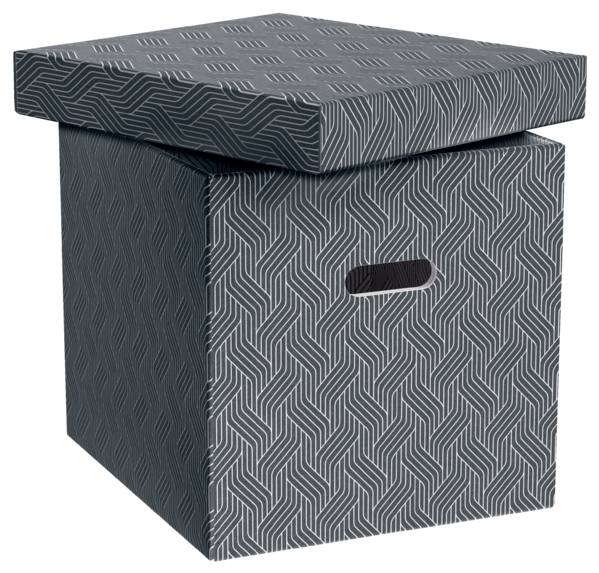Boîte de rangement grise à motifs fermée avec couvercle et fente pour poignée