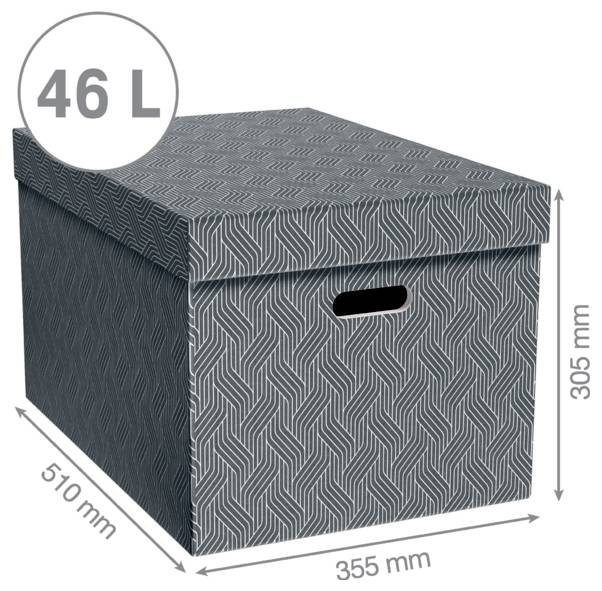 Boîte de rangement à motifs avec couvercle et poignée, capacité de 46 L, mesurant 355 mm de large, 510 mm de profondeur et 305 mm de hauteur.