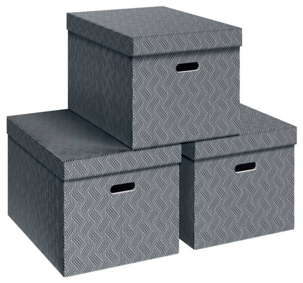 Trois boîtes de rangement gris à motifs avec couvercles empilées en pyramide, chacune avec une fente de préhension.