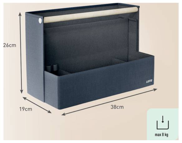 Bac de rangement mural noir avec façade ouverte, affichant les dimensions 38 cm de largeur, 26 cm de hauteur, 19 cm de profondeur, et charge maximale 8 kg.
