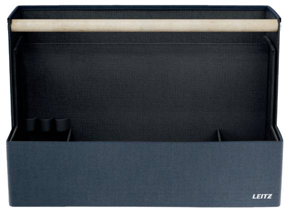 Organiseur de bureau bleu avec compartiments avant ouverts, intérieur noir et logo Leitz