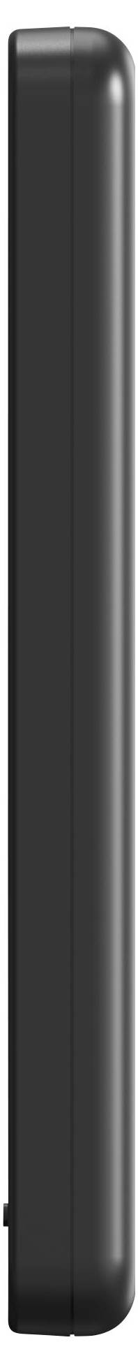 Vue latérale d'un smartphone noir, montrant son bord arrondi mince et son bouton latéral texturé.