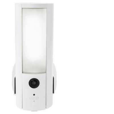 Lumière de sécurité extérieure blanche avec objectif de caméra intégré et capteur de mouvement, montée verticalement sur un mur.