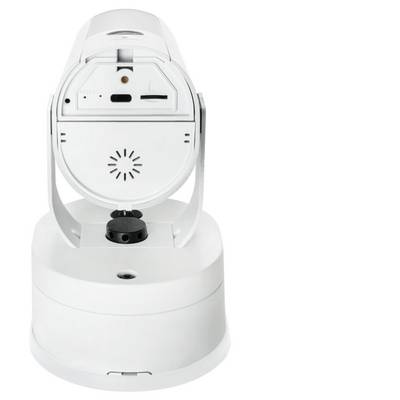 Dispositif robotique blanc ou appareil photo monté sur une base ronde, présenté en vue de face sur un fond uni.