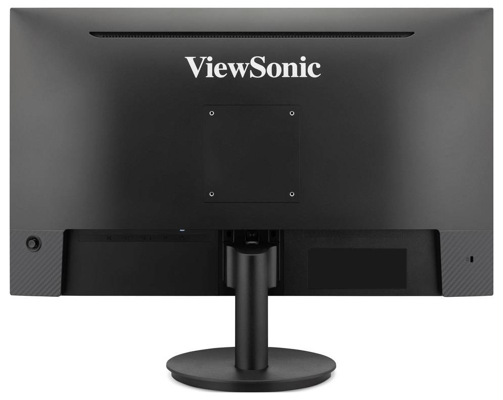 Vue arrière d'un moniteur informatique ViewSonic sur pied, montrant la zone de montage VESA et le port de gestion des câbles.