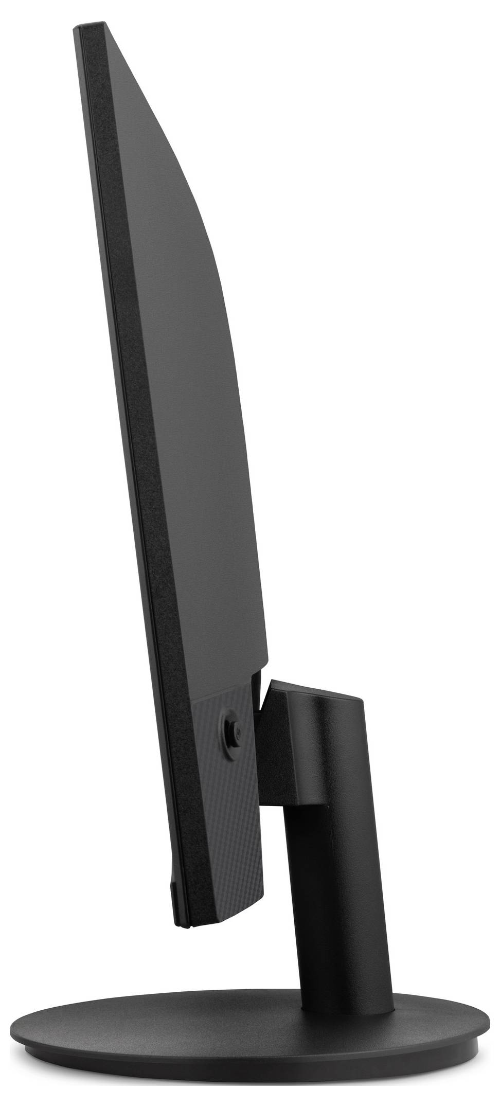 Vue latérale d'un moniteur à écran plat noir sur un socle circulaire, montrant le profil fin et le col réglable.