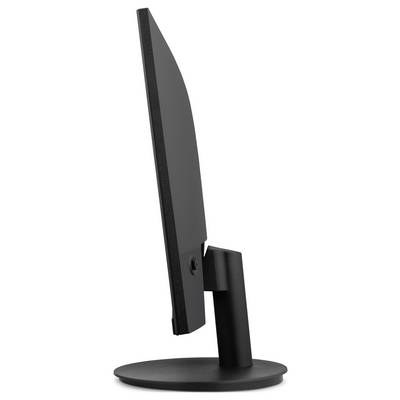 Vue latérale d'un moniteur à écran plat noir sur un socle circulaire, montrant le profil fin et le col réglable.