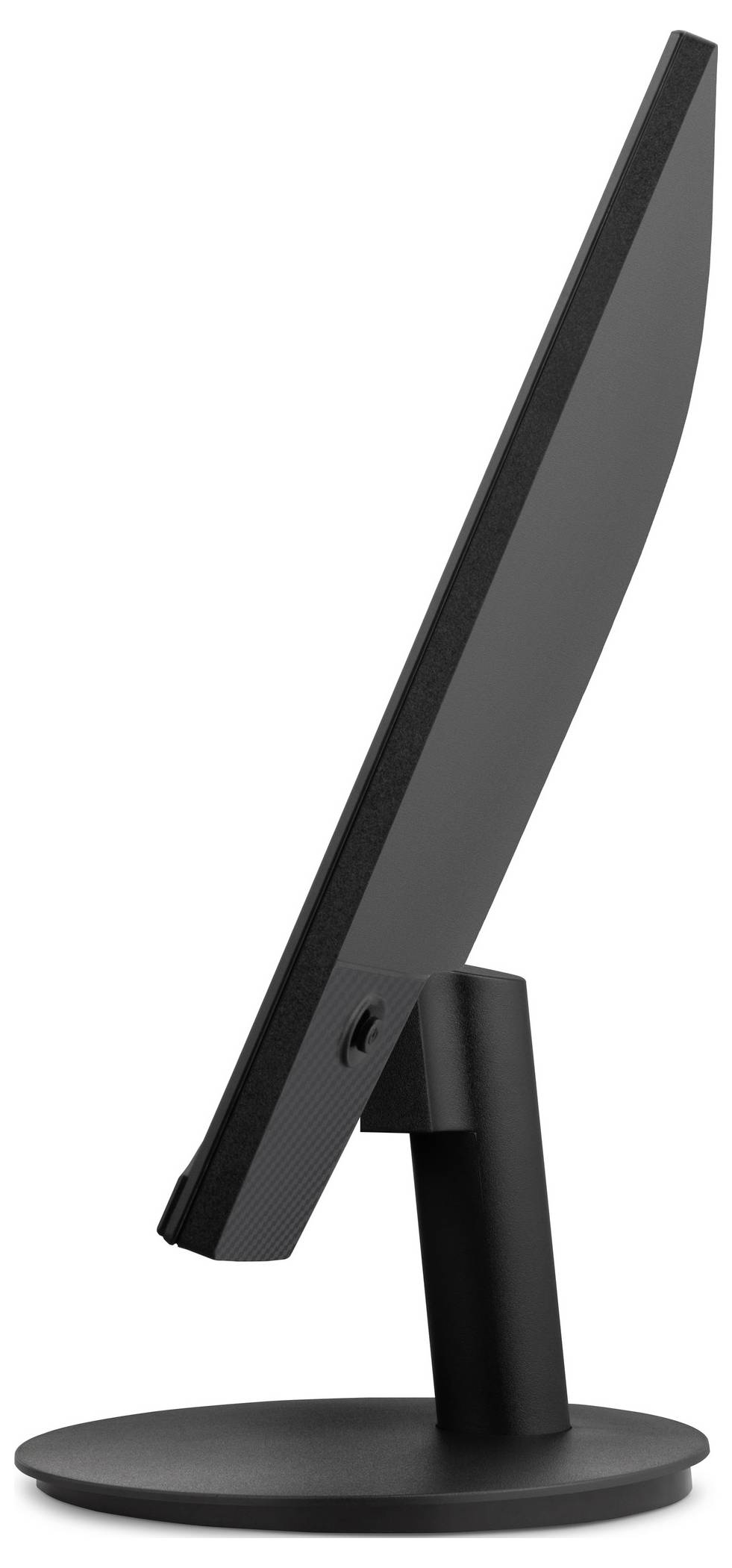 Vue latérale d'un moniteur à écran plat noir sur un support rond, montrant son profil mince sur un fond blanc.
