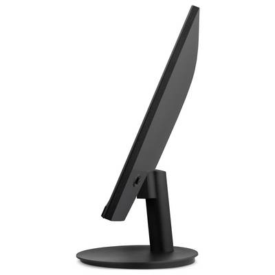 Vue latérale d'un moniteur à écran plat noir sur un support rond, montrant son profil mince sur un fond blanc.