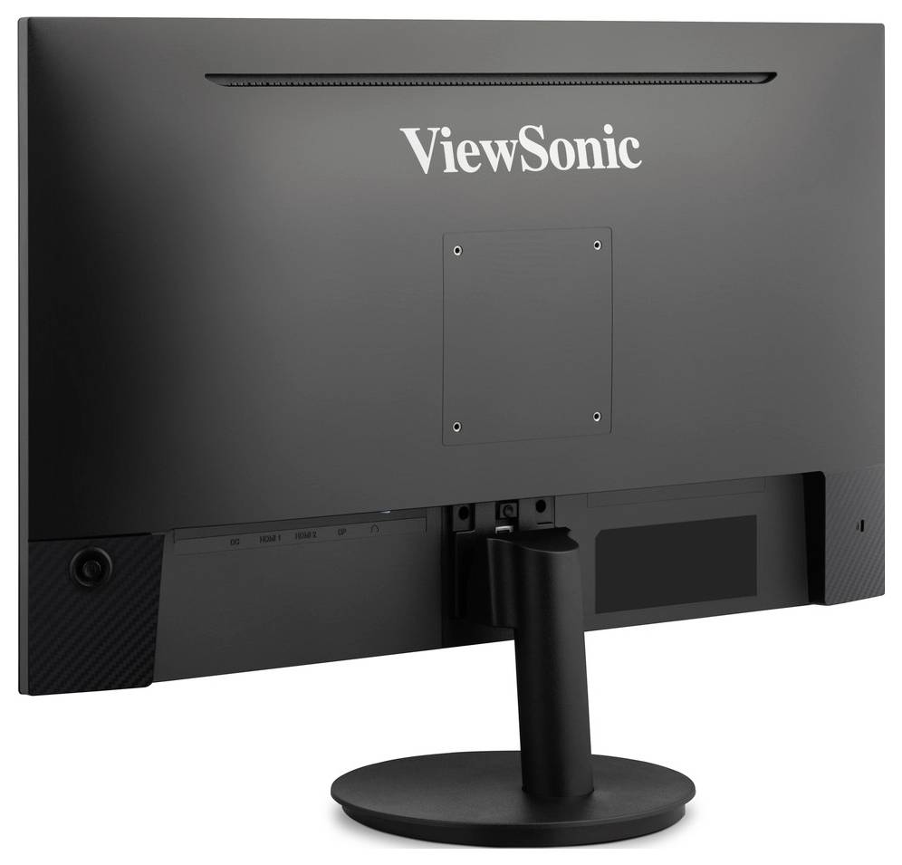 Vue arrière d'un moniteur d'ordinateur ViewSonic sur un support, montrant le logo de la marque et la plaque de montage.