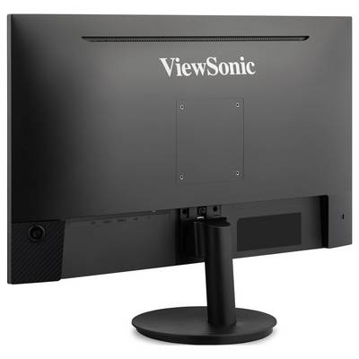 Vue arrière d'un moniteur d'ordinateur ViewSonic sur un support, montrant le logo de la marque et la plaque de montage.