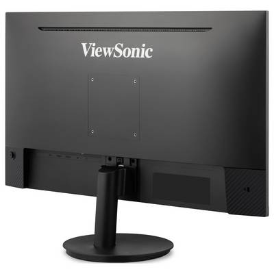 Vue arrière d'un moniteur informatique ViewSonic noir sur pied, montrant le logo de la marque et la zone de fixation.