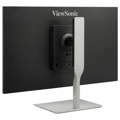 Vue arrière d'un moniteur ViewSonic sur un support argenté, montrant le panneau arrière attaché avec les ports et la gestion des câbles.