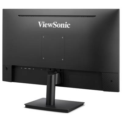 Vue arrière d'un moniteur ViewSonic noir sur son socle, montrant le panneau arrière et les ports de câble.