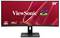 Moniteur ultrawide ViewSonic 34 pouces sur un support, affichant un écran promotionnel rouge avec les icônes « 2K UWQHD », « 120Hz » et USB-C.