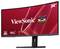 Moniteur incurvé ViewSonic 34 pouces affichant les caractéristiques 2K UWQHD, 120Hz et USB-C sur un fond d'affichage rouge.