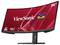 Moniteur ViewSonic incurvé 34 pouces sur pied, affichant les caractéristiques 2K UWQHD, 120 Hz et USB-C sur un écran rouge.