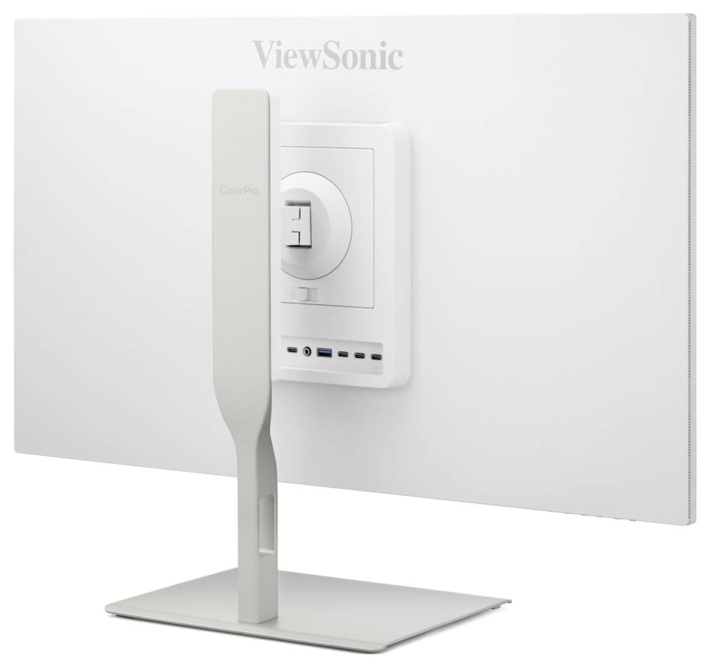 Vue arrière d'un moniteur ViewSonic ColorPro montrant le support et les ports sur un panneau arrière blanc.