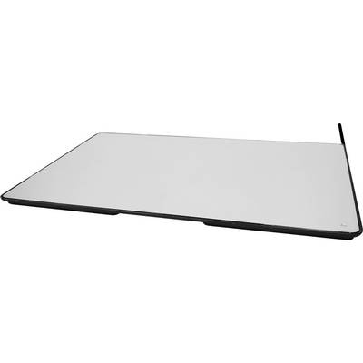 Appareil ou panneau rectangulaire noir à cadre fin avec une surface argentée réfléchissante, présenté en angle sur un fond blanc.