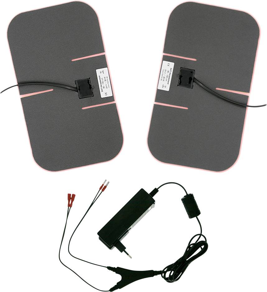 Deux coussins de siège chauffants noirs avec des rayures roses et des câbles attachés, plus un adaptateur secteur noir et un câblage pour le réchauffement des sièges de véhicule.