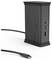 Hub/station d'accueil USB-C vertical noir avec alimentation et ports USB, montré connecté par un câble.